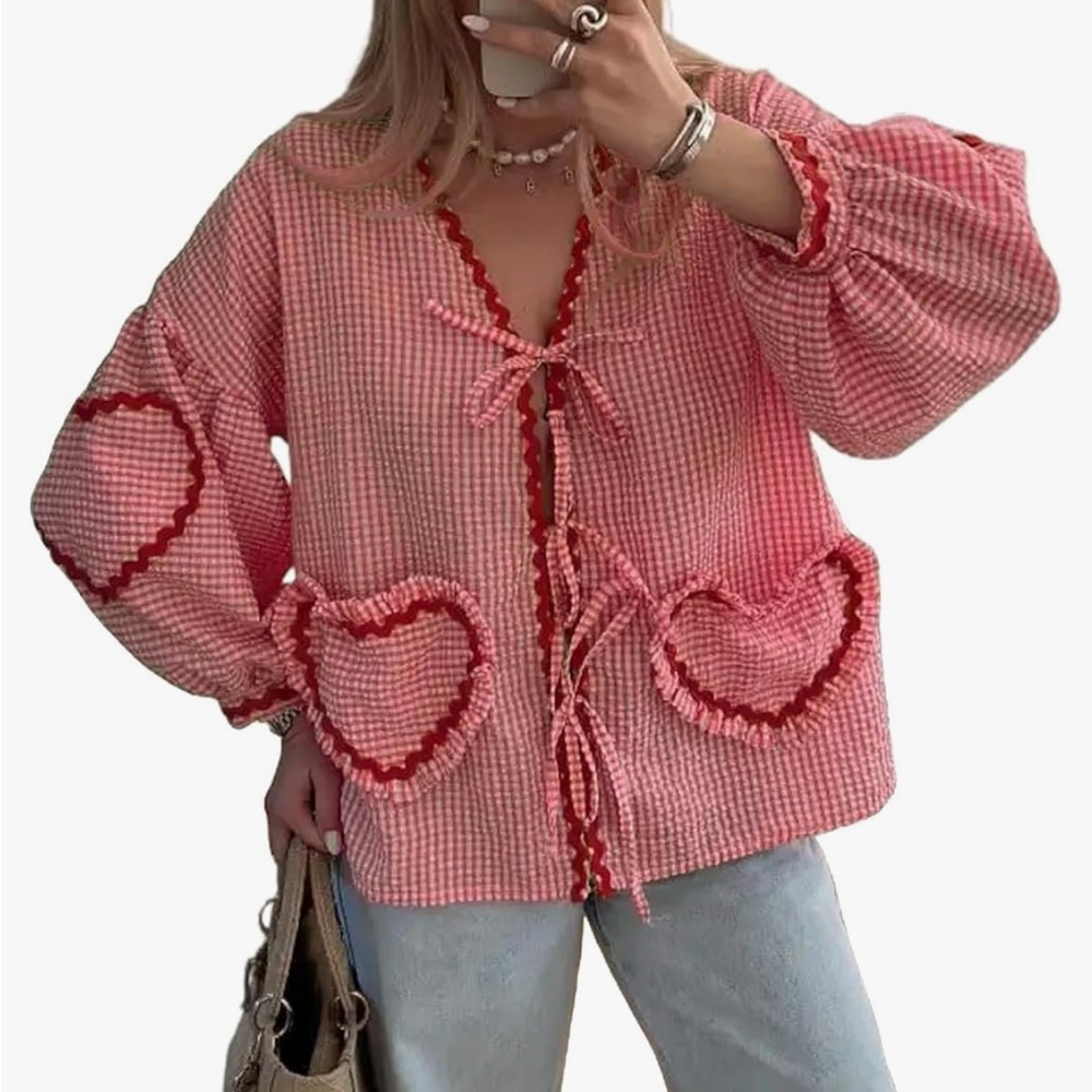 Red and White Gingham Heart Valentines Coquette Puff Sleeve Lovecore Sweater Top